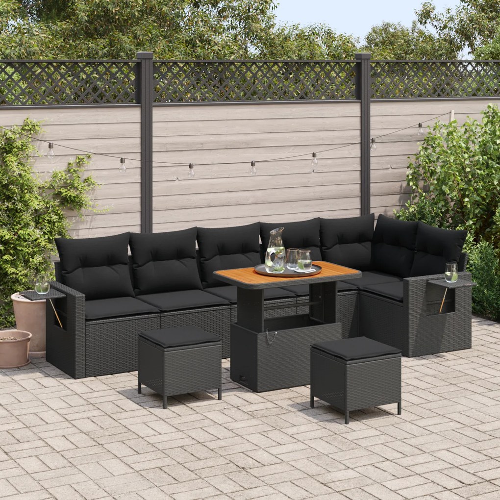 Conjunto de Sofá de Jardim vidaXL 9 Peças com Almofadas Preto Rattan P