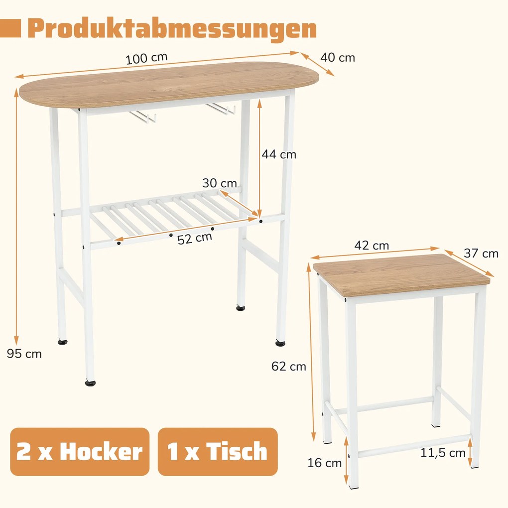 Mesa de bar com conjunto de 2 bancos com suportes para copos de vinho e garrafas, natural
