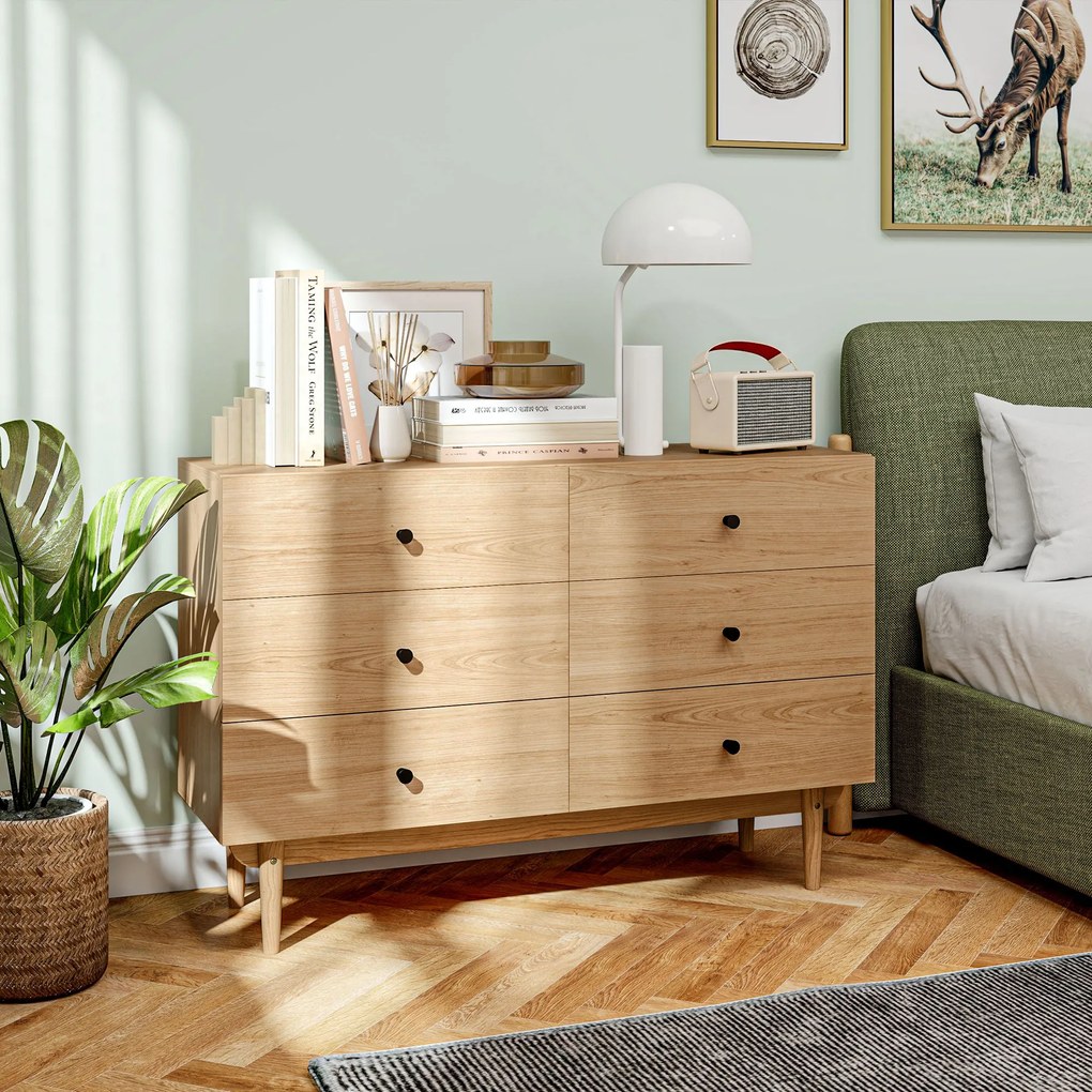 Cómoda com 6 gavetas, móvel de arrumação com pés em madeira maciça, 120 x 40 x 80 cm, cor de madeira