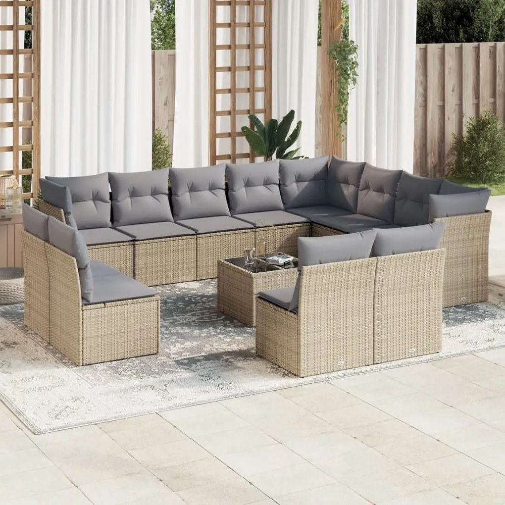 13 pcs conjunto de sofás p/ jardim com almofadões vime PE bege