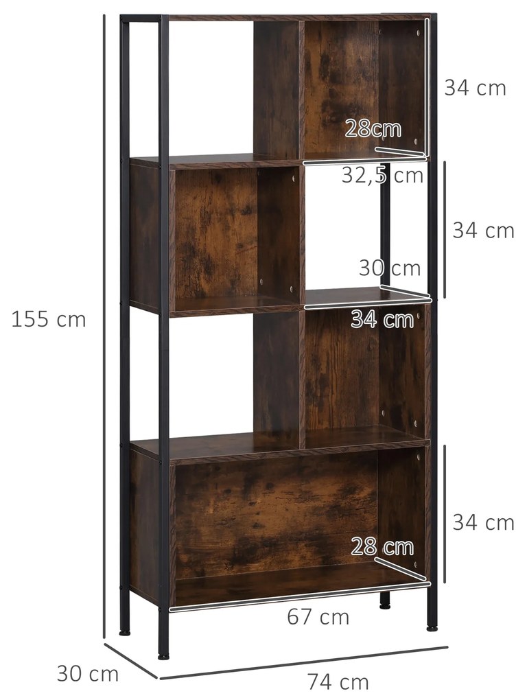 HOMCOM Estante Estilo Industrial de 4 Níveis Estante de Madeira com 7 Compartimentos para Sala de Estar Escritório Estúdio Anti-Tombo 74x30x155cm Marrom Rústico