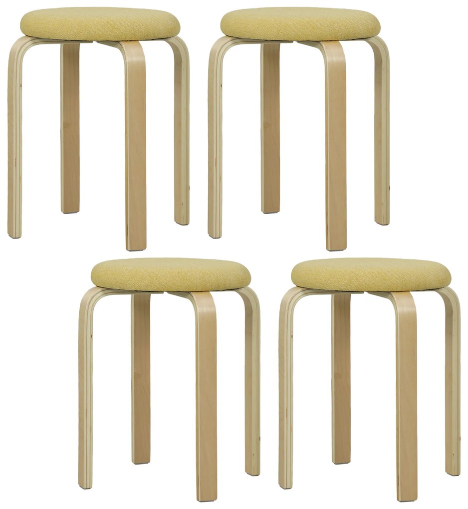 HOMCOM Conjunto de 4 Bancos Empilháveis Redondos Bancos Baixos de Cozinha com Assento Acolchoado para Sala de Jantar Quarto Escritório Sala Amarelo e Madeira