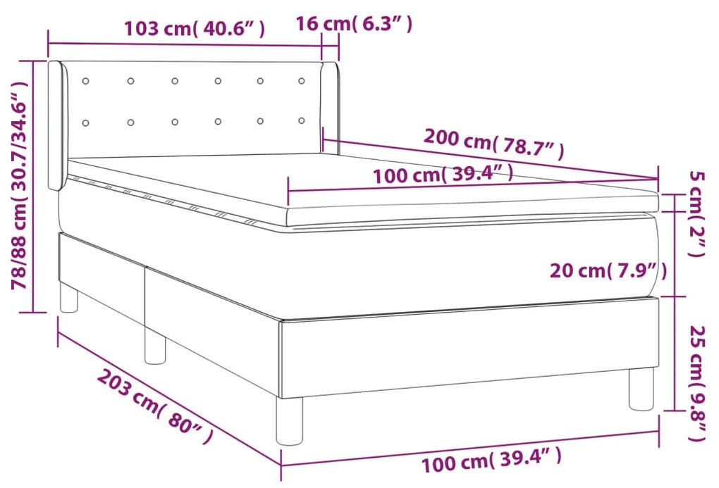 Cama com molas/colchão 100x200 cm veludo cinza-claro