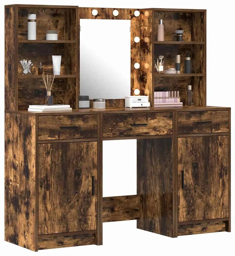 Conjunto de Mesa de Maquilhagem de 3 Peças Carvalho Fumado Madeira de