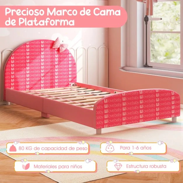 Cama infantil Estrutura de cama infantil com cabeceira e estribo macios para meninas com 6 pés estáveis ajustáveis 152 x 77 x 70 cm rosa