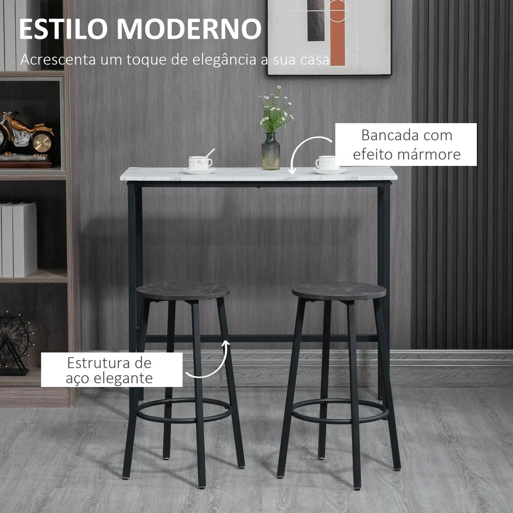 Conjunto de Mesa Alta com 2 Bancos Redondos com Estrutura de Aço Estilo Moderno para Cozinha Sala de Estar Branco e Preto