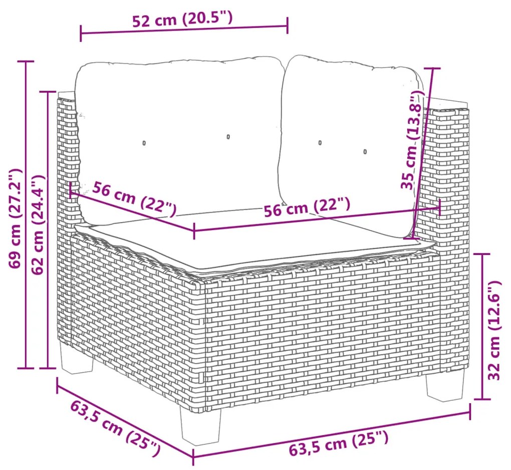 6 pcs conjunto sofás de jardim c/ almofadões vime PE preto