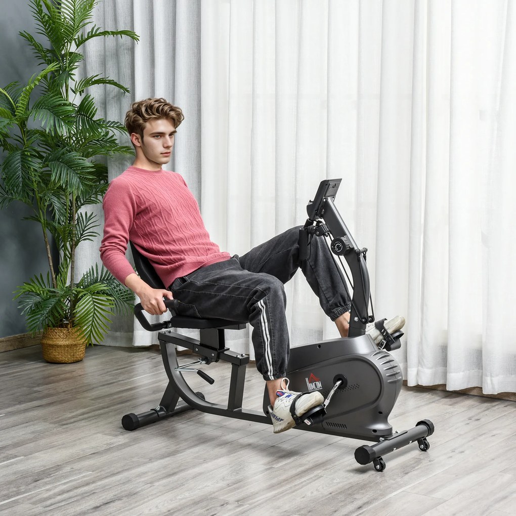 Bicicleta Estática com Encosto 8 Níveis de Resistência Bicicleta Banco Ajustável e Ecrã LCD 121-142x62x101 cm Preto