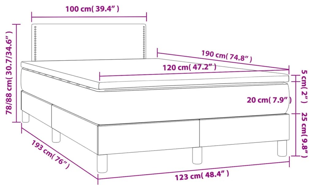 Cama box spring c/ colchão e LED 120x190 cm tecido cinza-claro