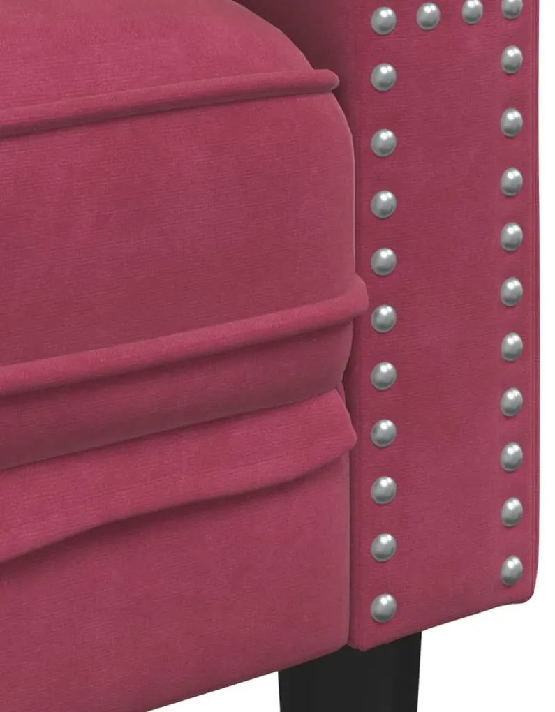 3 pcs conj. sofás chesterfield com rolos veludo vermelho-tinto