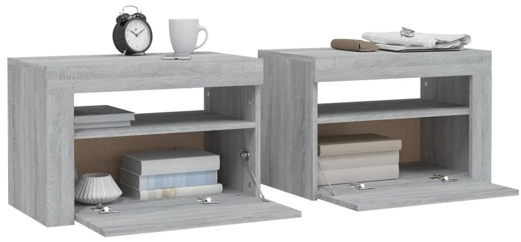 Mesas de cabeceira com LEDs 2 pcs 60x35x40 cm sonoma cinza