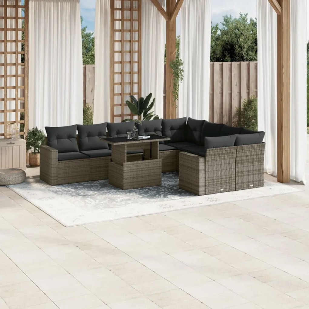 10 pcs conjunto sofás de jardim c/ almofadões vime PE cinzento