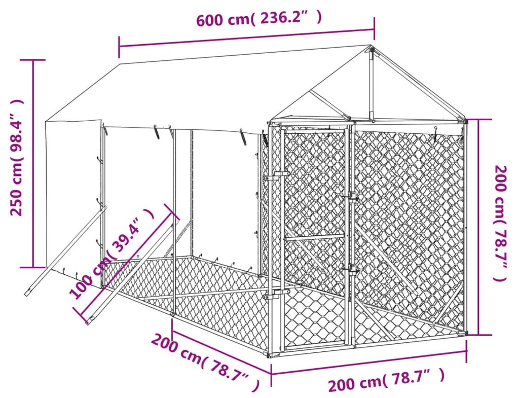 Canil de exterior com teto 2x6x2,5 m aço galvanizado prateado