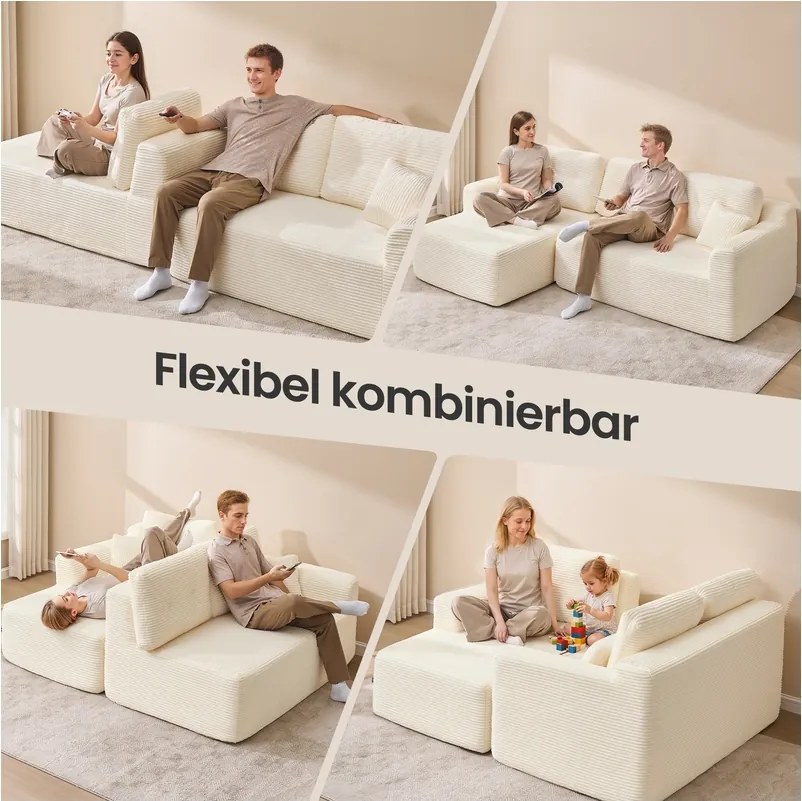 Sofá de canto sem Montagem modular 150 x 244 x 73 cm com chaise longue branco creme