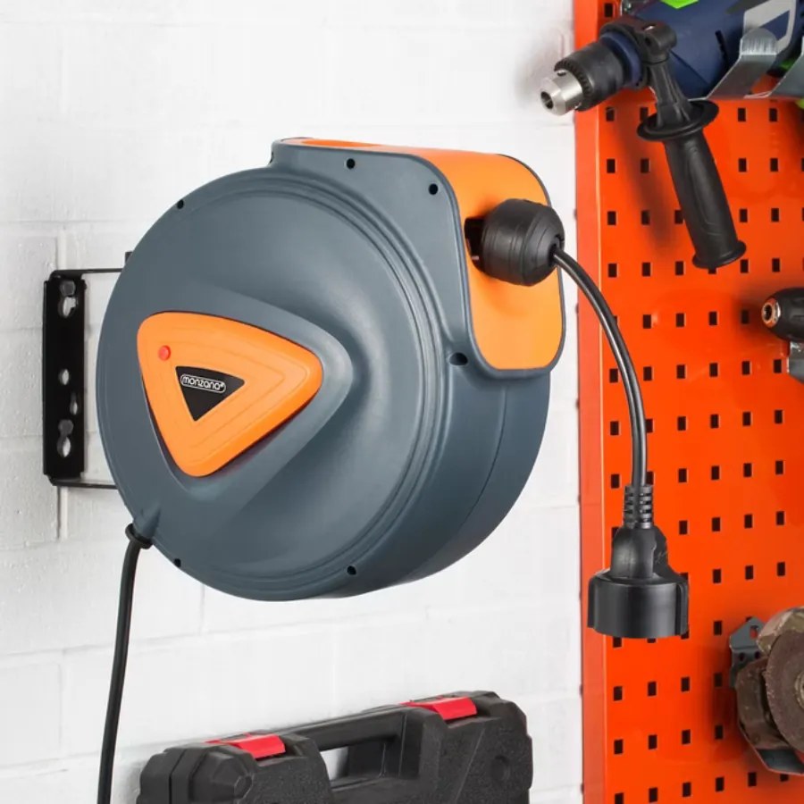 Enrolador automático com extensão eletrica de 15 m + 1,5 m de cabo de ligação 31 x 13,5 x 27 cm Cinzento + Laranja