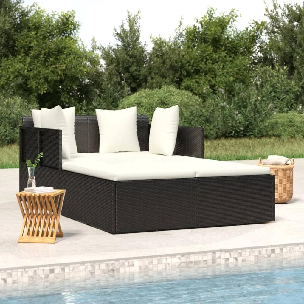 vidaXL Espreguiçadeira c/ almofadões 182x118x63 cm vime PE preto