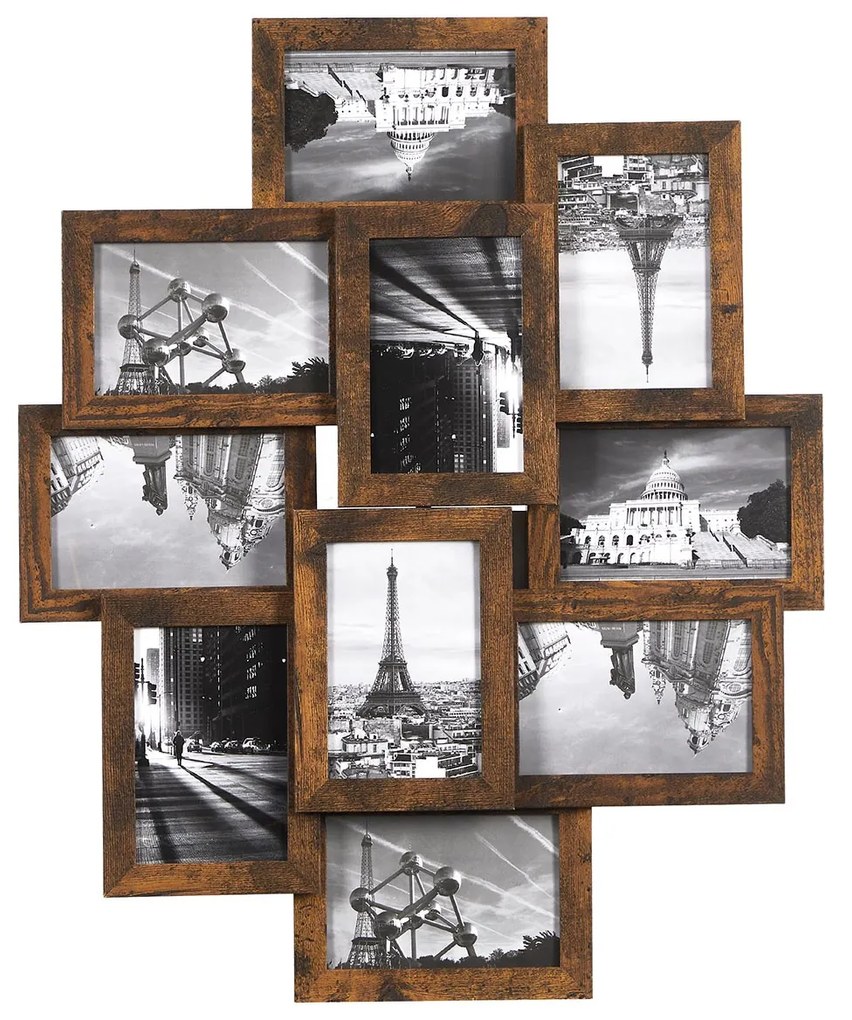 Molduras para colagem SONGMICS para 10 fotos, 10 x 15 cm, montagem necessária, colagem de várias fotos, montagem na parede, frente em PS, textura de madeira, marrom rústico RPF020X01