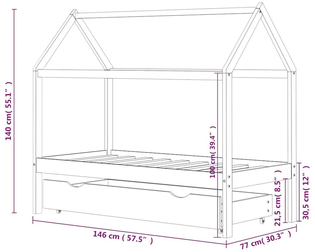 Cama para crianças c/ gaveta 70x140 cm pinho maciço branco