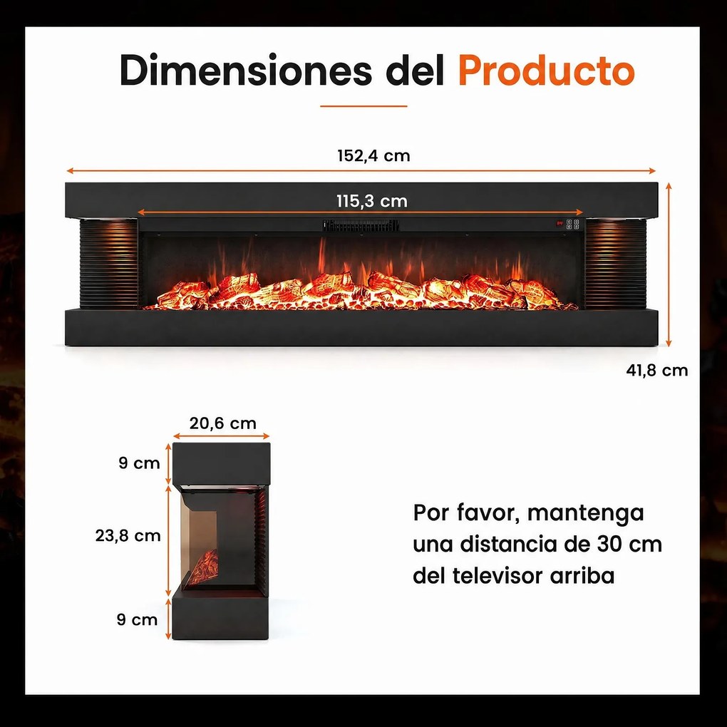 Lareira Elétrica de Parede com Vista de Três Lados, 152,4 x 20,6 x 41,8 cm, Controlo por Wi-Fi, Preto