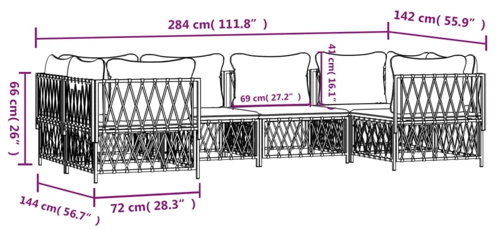 6 pcs conjunto lounge de jardim com almofadões aço branco