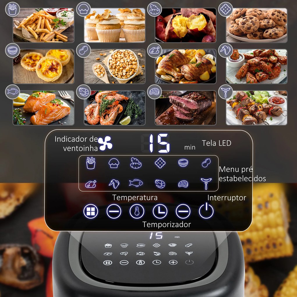 HOMCOM Fritadeira sem Óleo 3L Fritadeira de Ar Quente 1300W com 12 Programas Tela LED Tátil Temporizador Temperatura Ajustável e Cesta Antiaderente 29,5x23,8x30,3cm Preto