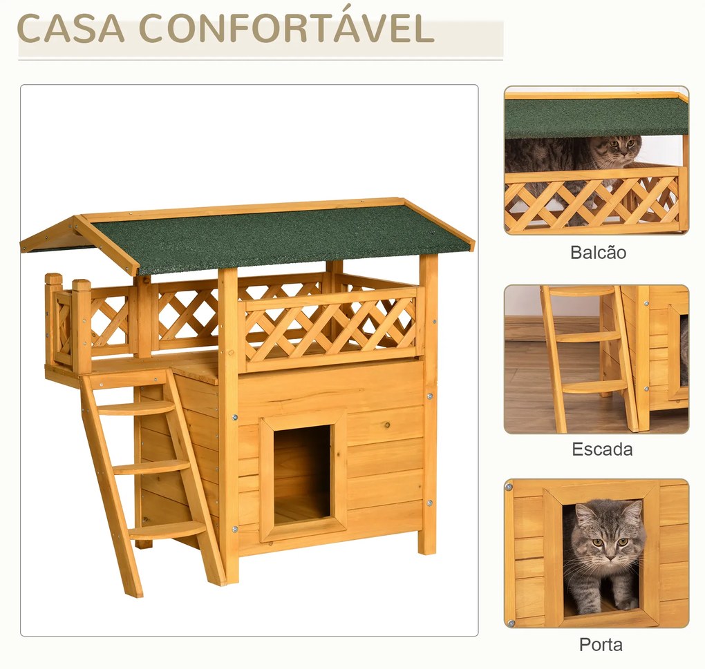 Casa para Gatos de Madeira 77x50x73cm Casa para Gatos com 2 Níveis com Teto Asfáltico Terraço Cercado Caverna Madeira Natural