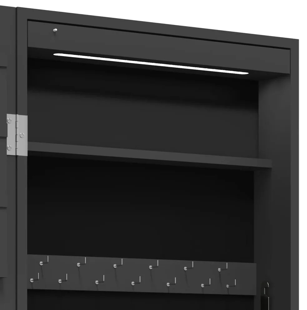Móvel para joias de parede espelhado com luzes LED preto
