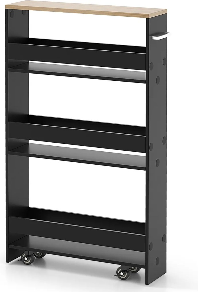 Carrinho de cozinha estreito 47,5 x 20 x 80,5 cm de 4 níveis com rodas com pega e estantes abertas para espaços pequenos Preto