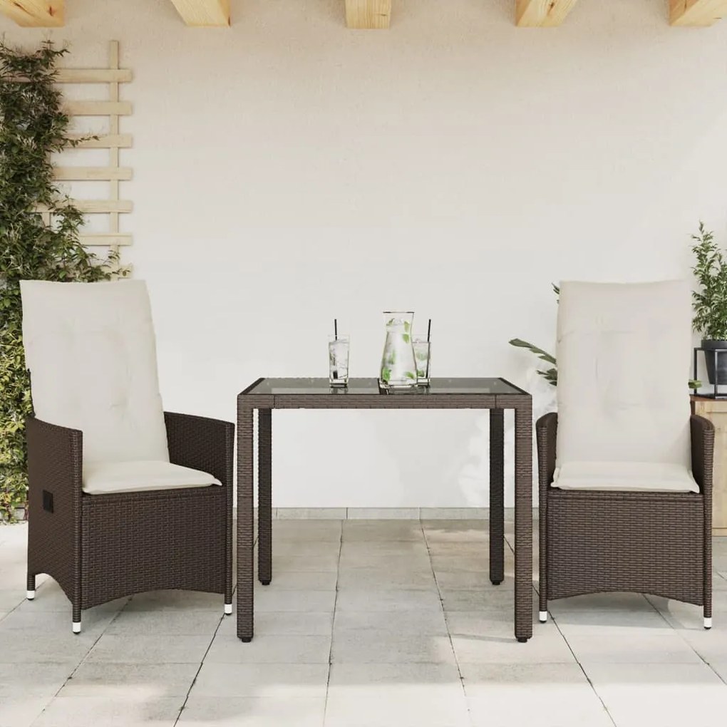 3 pcs conjunto bistrô com almofadões vime PE castanho