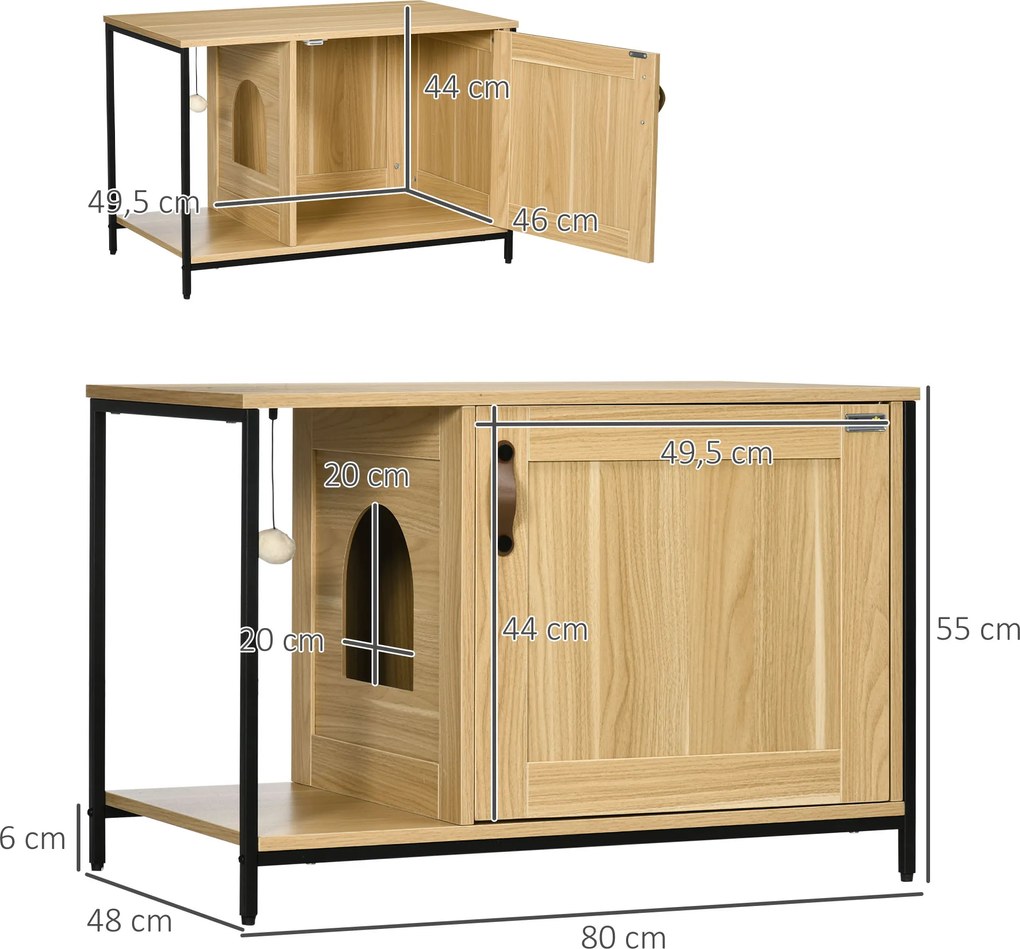 Móvel para Casa de areia para gatos (NÂO INCLUIDA) com porta lateral, bola suspensa e estrutura em aço com acabamento em madeira clara