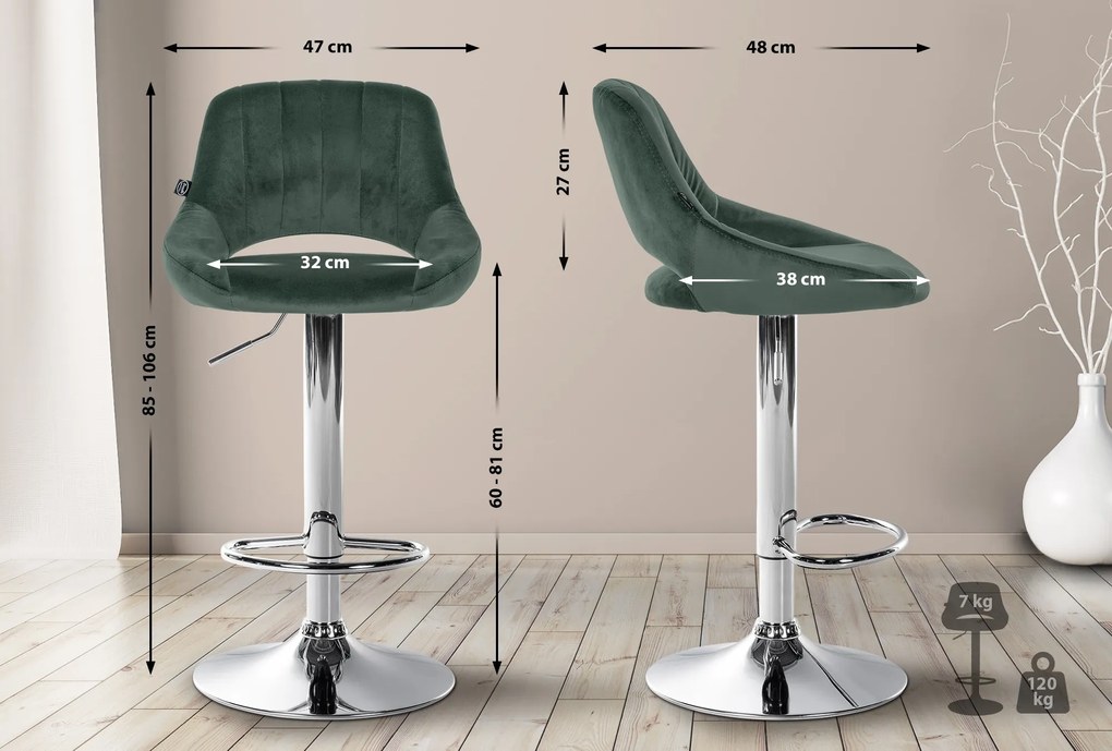 Banco alto Milet em veludo com estrutura cromada 85-106 x 47 x 48 cm Verde