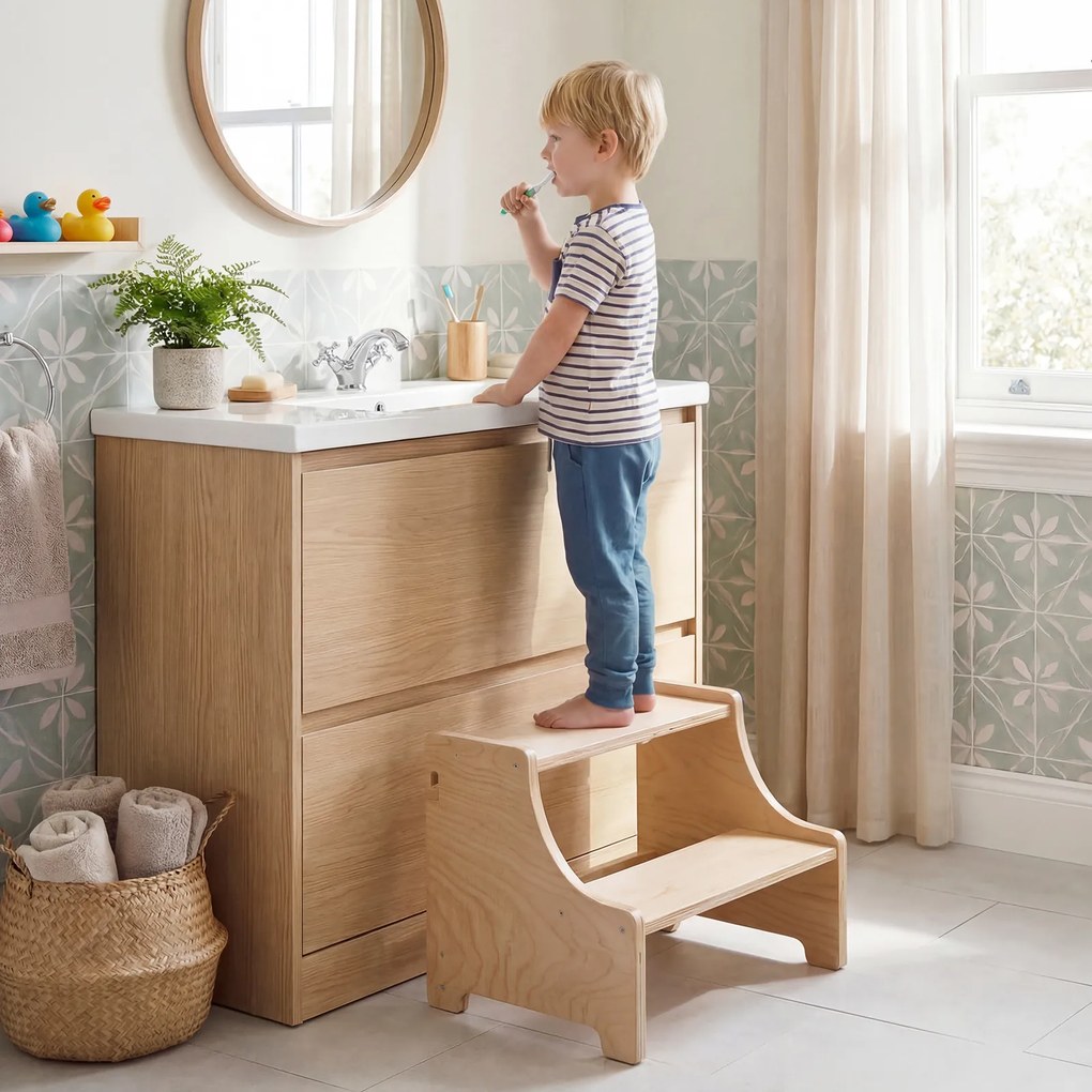 Torre de Aprendizagem Infantil Dobrável, 83,5 x 73 x 93 cm, 3 Níveis Ajustáveis, Natural