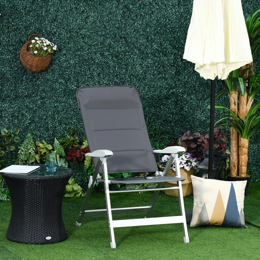 Outsunny Cadeira de jardim dobrável de alumínio com encosto alto ajustável de 7 posições e encosto de cabeça acolchoado 75x61,5x114,5 cm cinza