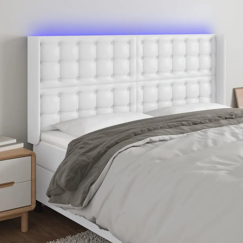 Cabeceira cama c/ LED couro artificial 183x16x118/128 cm branco