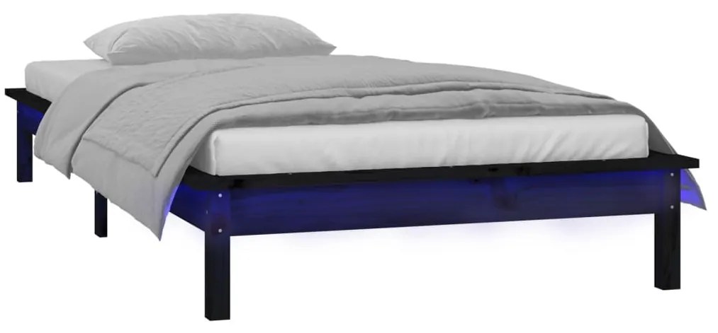 Estrutura de cama c/ luzes LED 90x200 cm madeira maciça preto