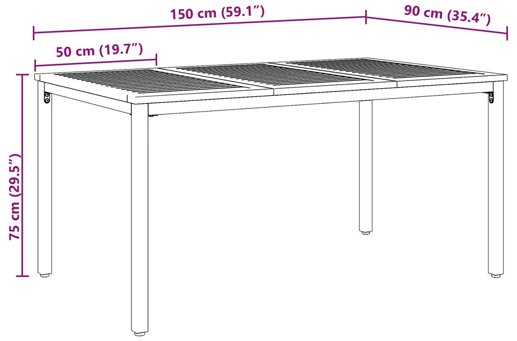 Mesa de Jardim vidaXL 150x90x75 cm em Madeira de Acácia Sólida e Metal