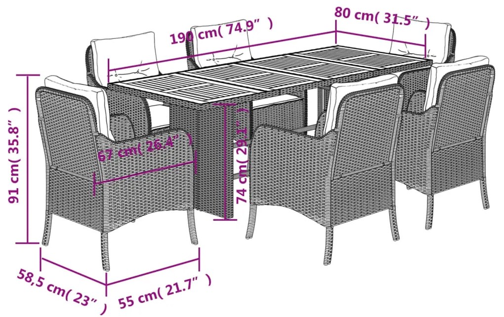 7 pcs conjunto de jantar p/ jardim com almofadões vime PE bege