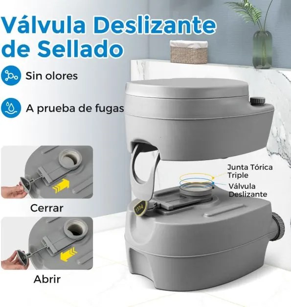 Sanita portátil compacta com tanque de resíduos removível de 20 L Assento à prova de fugas Bomba de descarga para acampar Cinza
