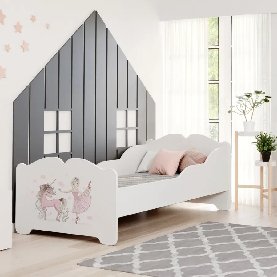 Cama infantil ANNA branca 160x80 - princesa e unicórnio - colchão e estrado incluído