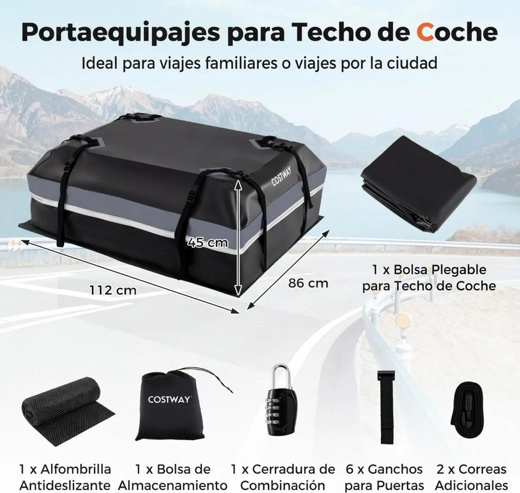 Mala de tejadilho universal para carro 112 x 86 x 45 cm, impermeável em PVC, 450 L, com 6 ganchos, 10 correias, faixas refletoras e saco de transporte