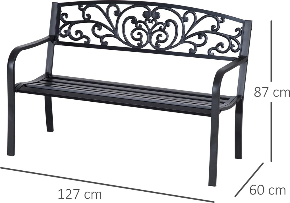 Banco de jardim para terraço em ferro fundido, 2 lugares, 127 x 60 x 87 cm, carga máxima de 240 kg preto