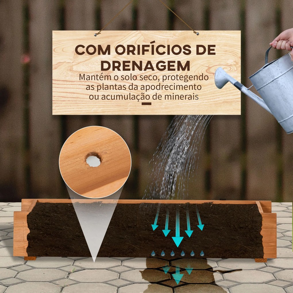 Outsunny Floreira de Madeira de Chão ou Parede Floreira Retangular com 2 Orifícios de Drenagem e 2 Ganchos para Cultivos de Plantas Flores em Jardim Varanda 91x18x16,5cm Madeira
