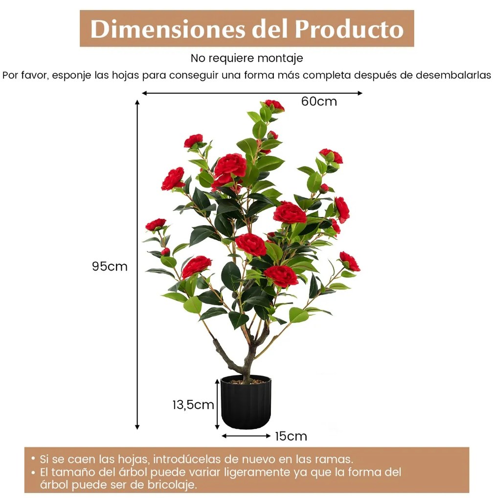 Conjunto de 2 árvores de camélia artificiais 95 cm Planta de flor falsa num vaso de cimento Vermelhas