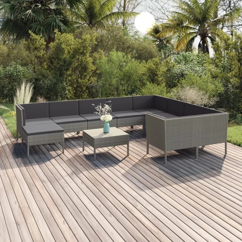 vidaXL 11 pcs conjunto lounge de jardim c/ almofadões vime PE cinzento