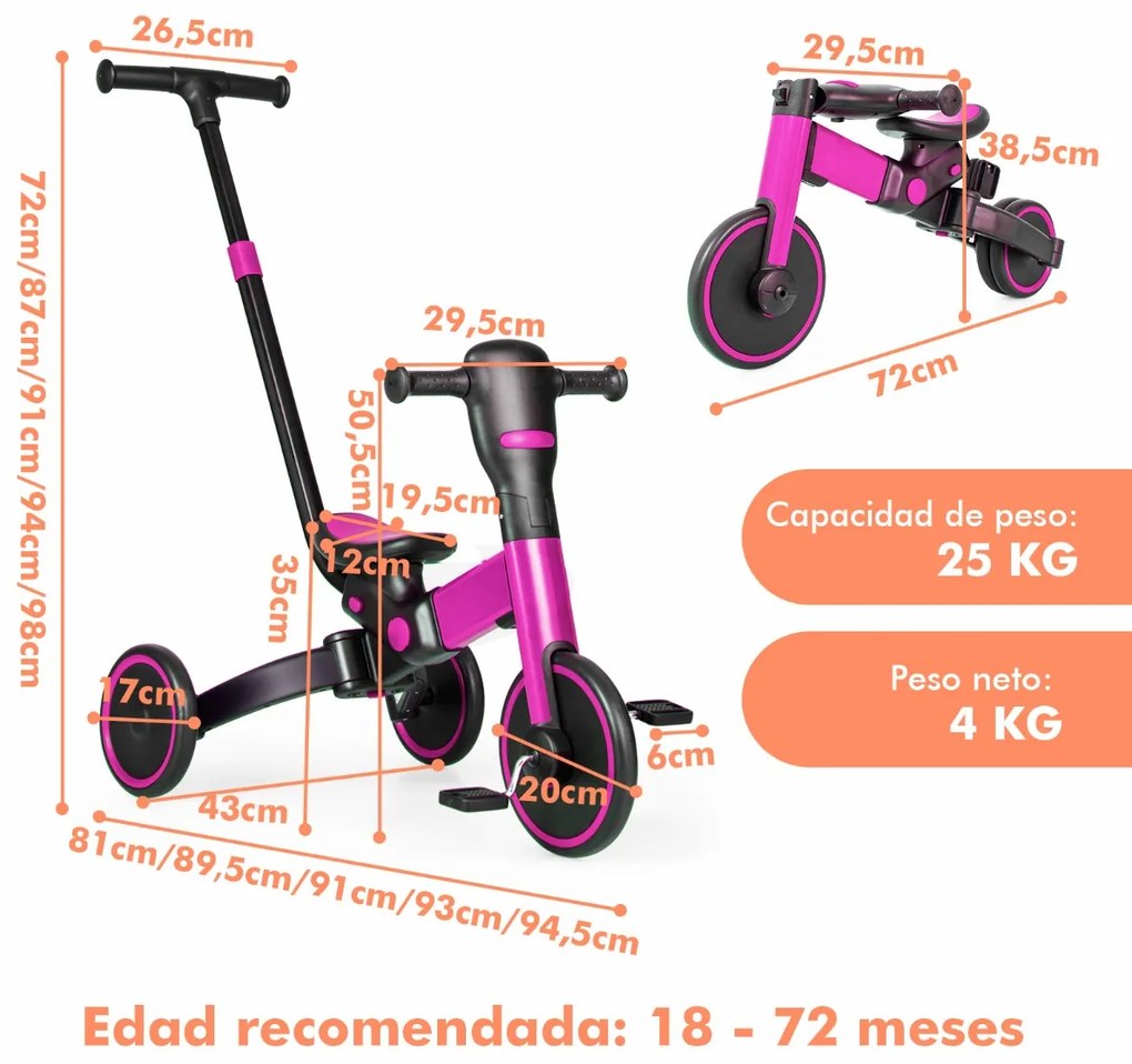 Bicicleta Balanço e Triciclo 4 em 1 com alça ajustável para os pais e pedais destacáveis ​​rosa