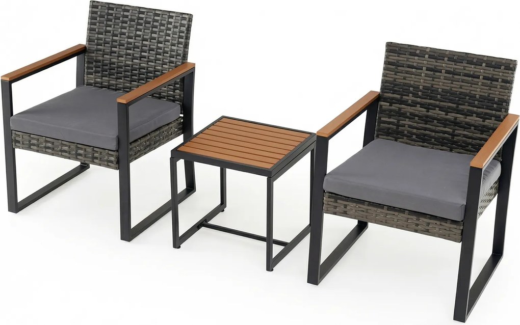 Conjunto de 3 Móveis de Jardim, Mesa e 2 Cadeiras, 40 x 40 x 40 cm, Cinzento / Castanho / preto