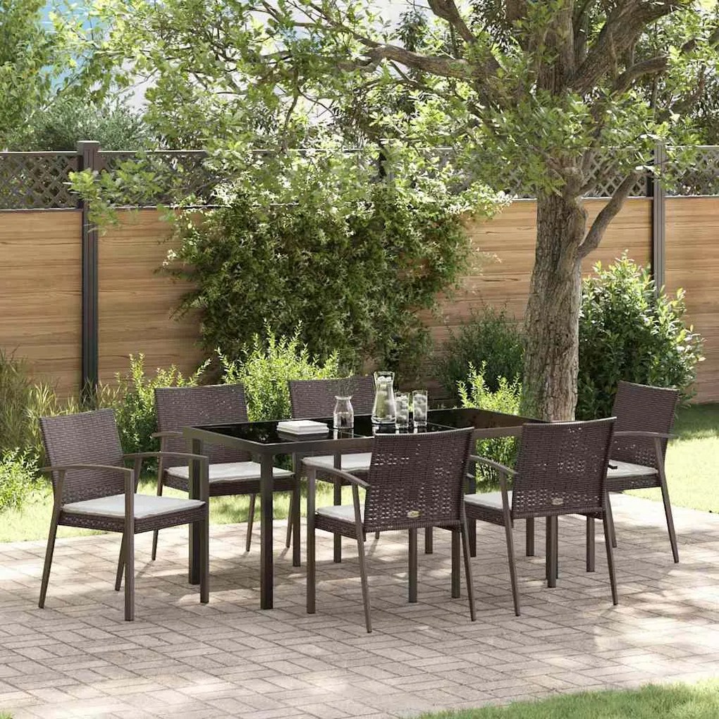 vidaXL Conjunto de Jantar para Jardim de 7 Peças com Almofadas em Castanho de Polirattan