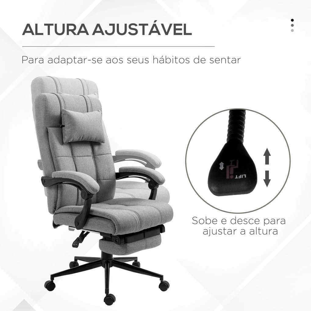 Cadeira de Escritório Reclinável Estofada em Tecido com Altura Ajustável e Apoio para os Pés 66x76x116-124 cm Cinza