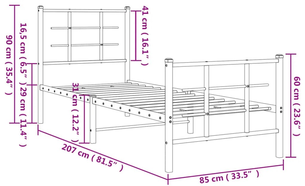 Estrutura de cama com cabeceira e pés 80x200 cm metal preto
