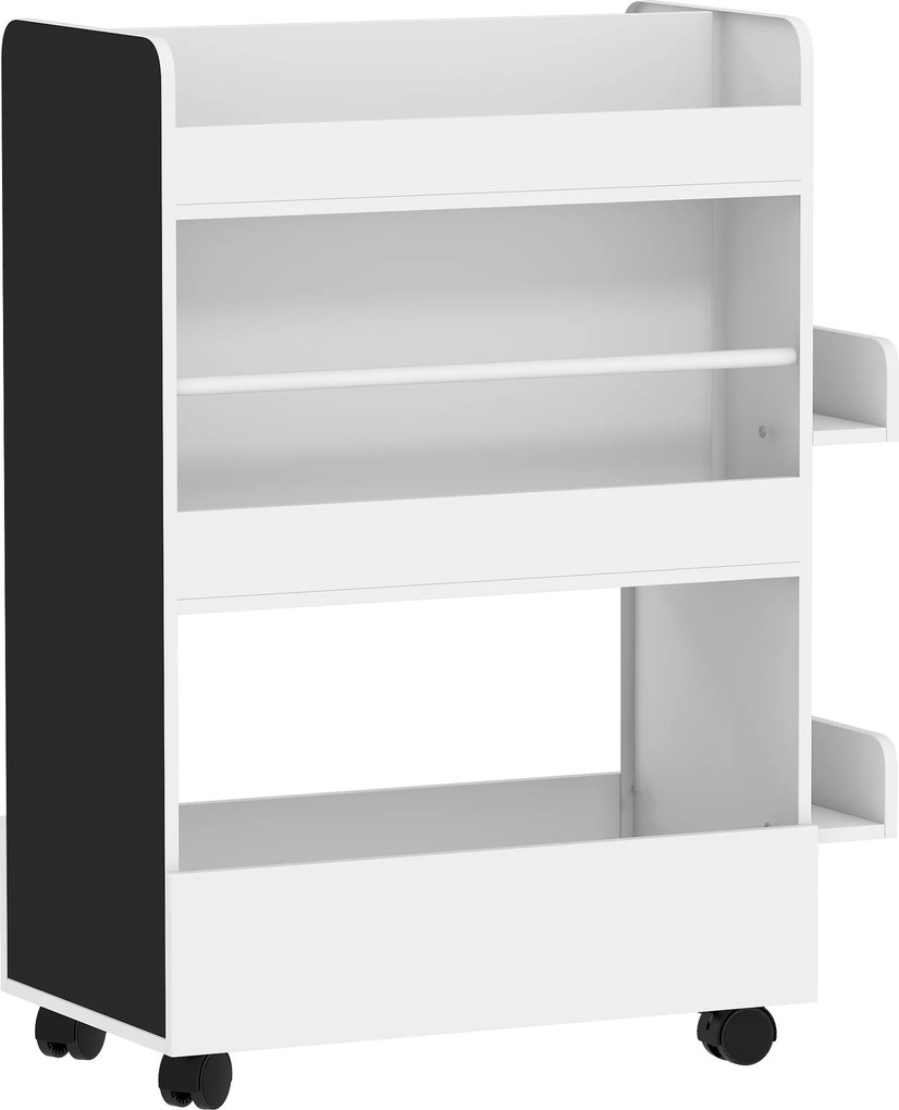 AIYAPLAY Estante de livros infantil com 4 prateleiras, compartimento de base, 2 laterais, quadro, rodas, para 3–8 anos, 66,5x32,5x86,5 cm Branco | Aosom Portugal